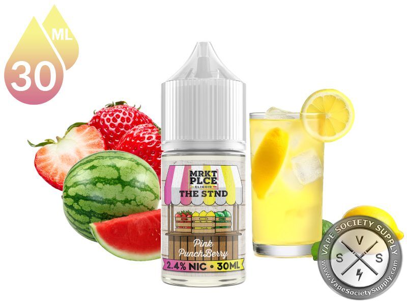 Pink Punchberry THE STND by MRKT PLCE Salt 30ml bottle with strawberries, watermelon and a glass of lemonade
