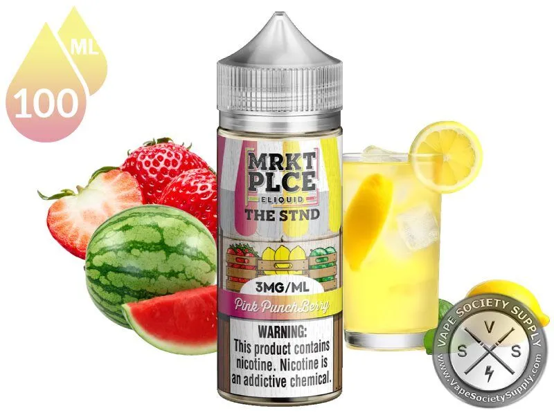 Pink Punchberry THE STND by MRKT PLCE 100ml bottle with strawberries, watermelon and a glass of lemonade