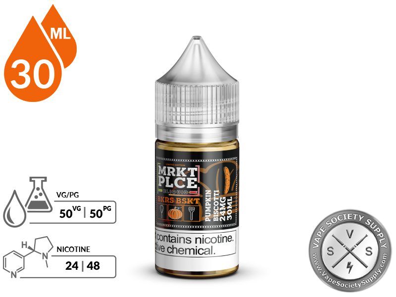 Pumpkin Biscotti BKRS BSKT by MRKT PLCE Salt 30ml bottle with a 50/50 VG/PG icon and nicotine strength icons