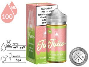 Strawberry Kiwi The Juice 100ml bottle and box with 75VG/25PG and 3mg and 6mg nicotine icons