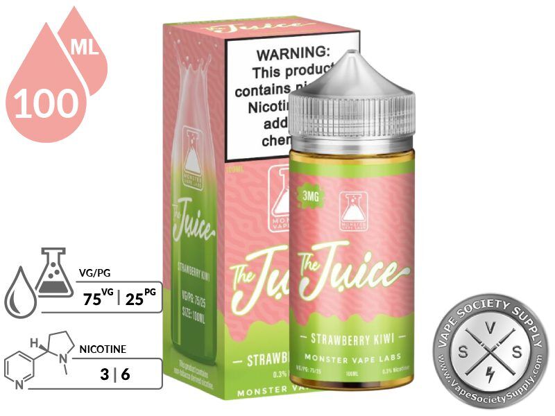Strawberry Kiwi The Juice 100ml bottle and box with 75VG/25PG and 3mg and 6mg nicotine icons