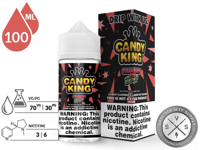 Strawberry Pop Drops Candy King 100ml bottle and box with a 70/30 VG/PG icon and nicotine strength icons