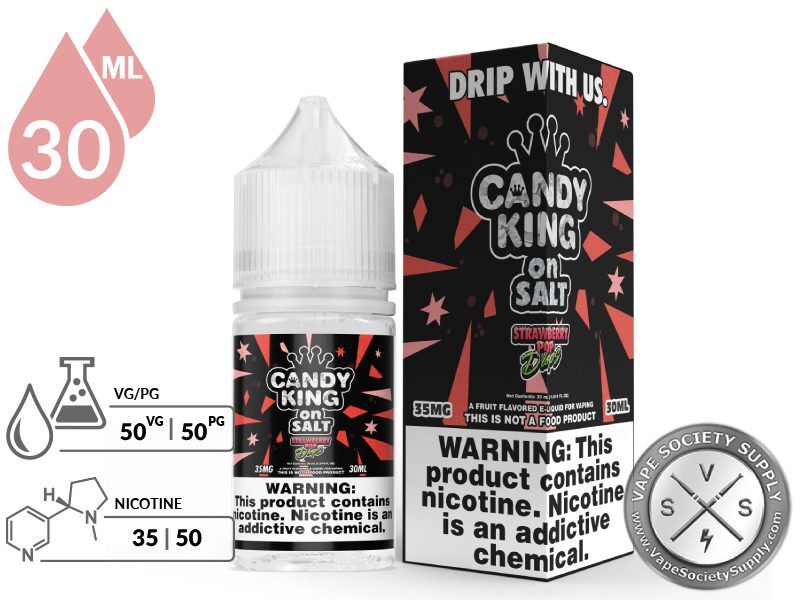 Strawberry Pop Drops Candy King On Salt 30ml bottle and box with a 50/50 VG/PG icon and nicotine strength icons