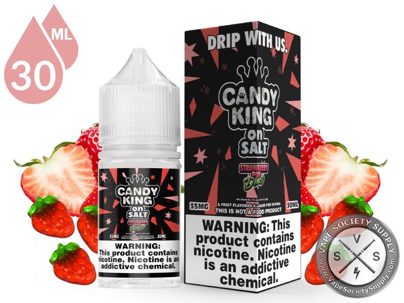 Strawberry Pop Drops Candy King On Salt 30ml bottle and box with strawberries