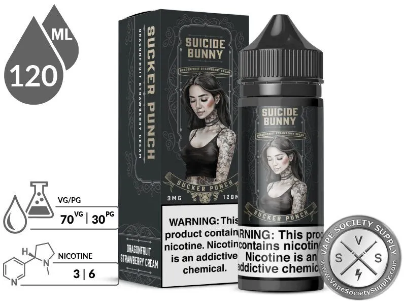 Sucker Punch by Suicide Bunny 120ml bottle and box with a 70/30 VG/PG icon and nicotine strength icons