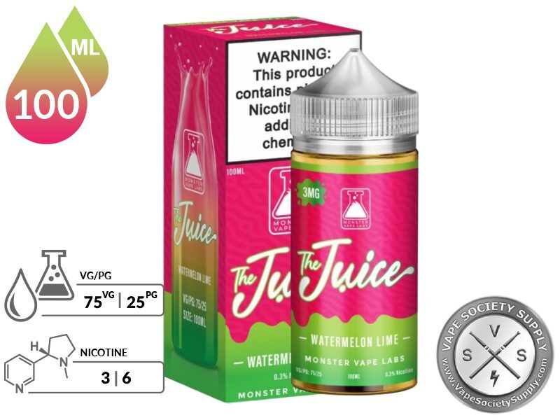 Watermelon Lime The Juice 100ml bottle and box with 75VG/25PG and 3mg and 6mg nicotine icons