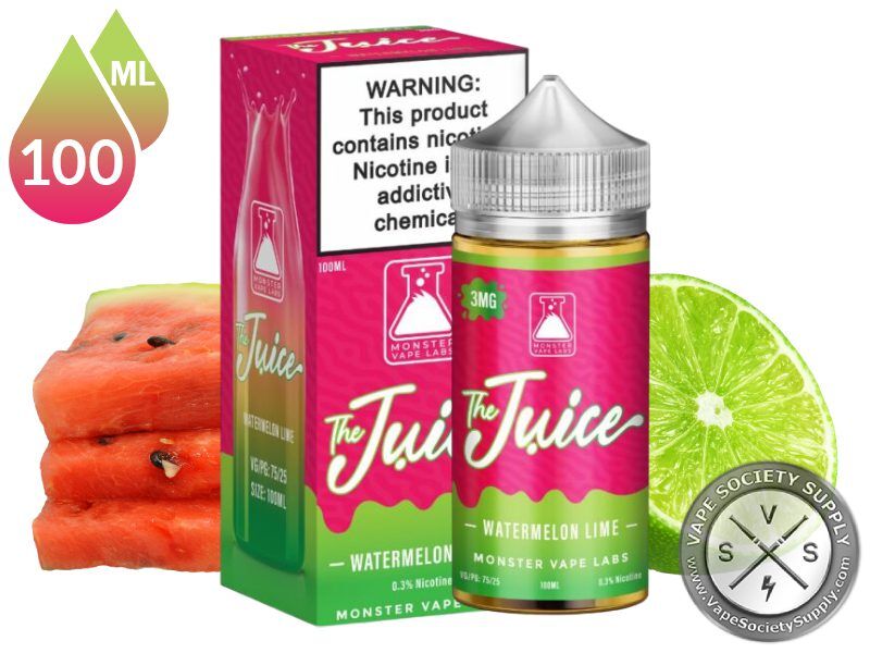 Watermelon Lime The Juice 100ml bottle and box with watermelon slices and a lime