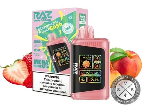 RAZ LTX 25K Gush Edition Strawberry Peach disposable vape and box with strawberries and peaches