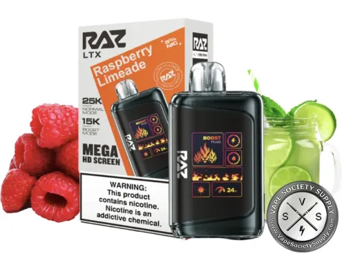 RAZ LTX 25K Raspberry Limeade disposable vape and box with raspberries and limes