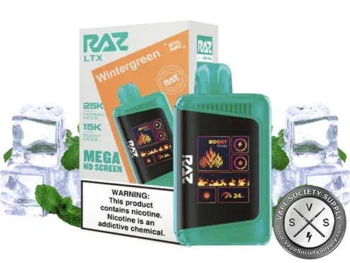 RAZ LTX 25K Wintergreen disposable vape and box with ice cubes and mint leaves