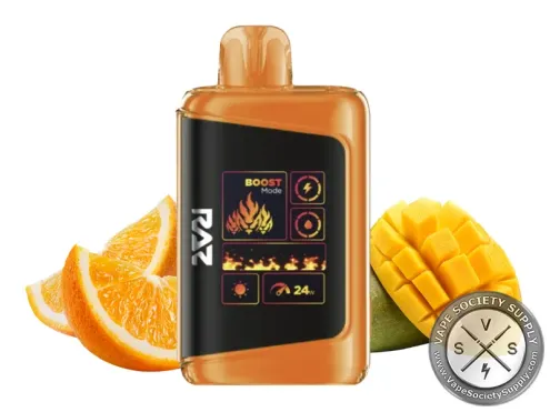 RAZ LTX 25K Orange Mango disposable vape with orange slices and a mango