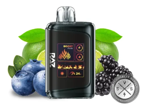 RAZ LTX 25K Black & Blue Lime disposable vape with blueberries, blackberries and limes