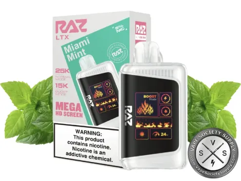RAZ LTX 25K Miami Mint disposable vape and box with mint leaves