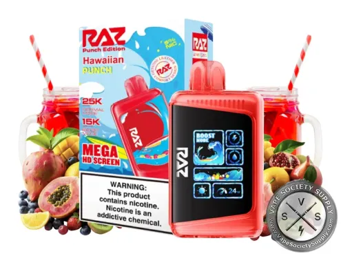 RAZ LTX 25K Punch Edition Hawaiian disposable vape and box with tropical fruit and glasses of punch