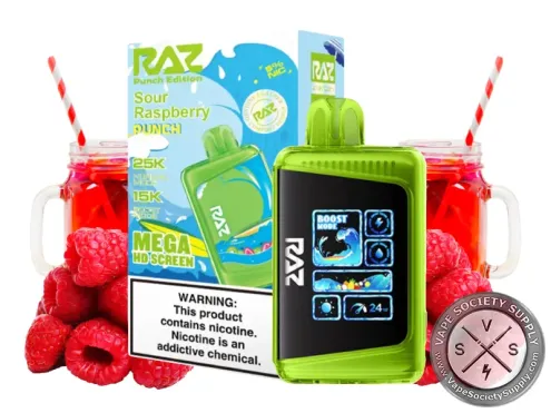 RAZ LTX 25K Punch Edition Sour Raspberry disposable vape and box with raspberries and glasses of punch