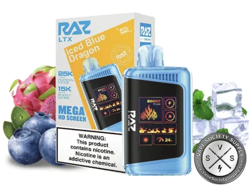 RAZ LTX 25K Iced Blue Dragon disposable vape and box with dragon fruit, blueberries and ice