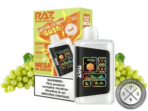 RAZ LTX 25K Gush Edition White Grape disposable vape and box with green grapes