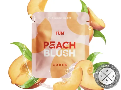 FÜM Peach Blush Flavor Core pouch with peach slices and leaves