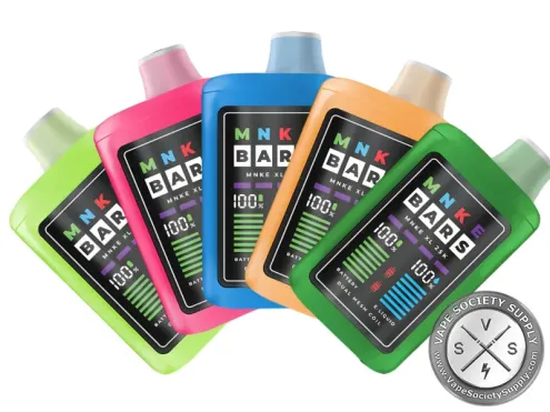 Five MNKE Bars XL 25K disposable vapes in light green, pink, blue, orange and green