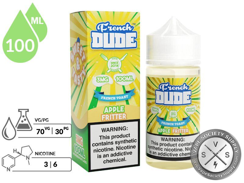 Apple Fritter by French Dude 100ml bottle and box with a 70/30 VG/PG icon and nicotine strength icons