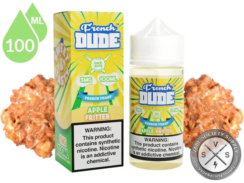 Apple Fritter by French Dude 100ml bottle and box with apple fritters