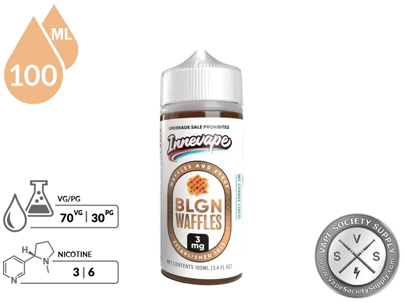 BLGN Waffles Innevape 100ml bottle with a 70/30 VG/PG icon and nicotine strength icons
