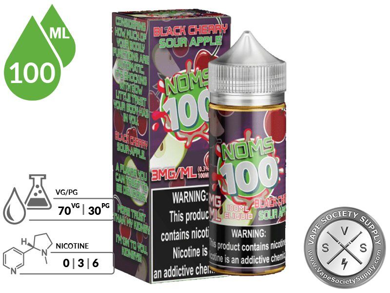 Black Cherry Sour Apple by Noms 100ml bottle and box with a 70/30 VG/PG icon and nicotine strength icons