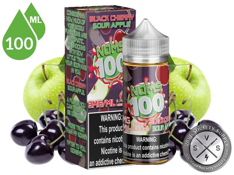 Black Cherry Sour Apple by Noms 100ml bottle and box with green apples and black cherries