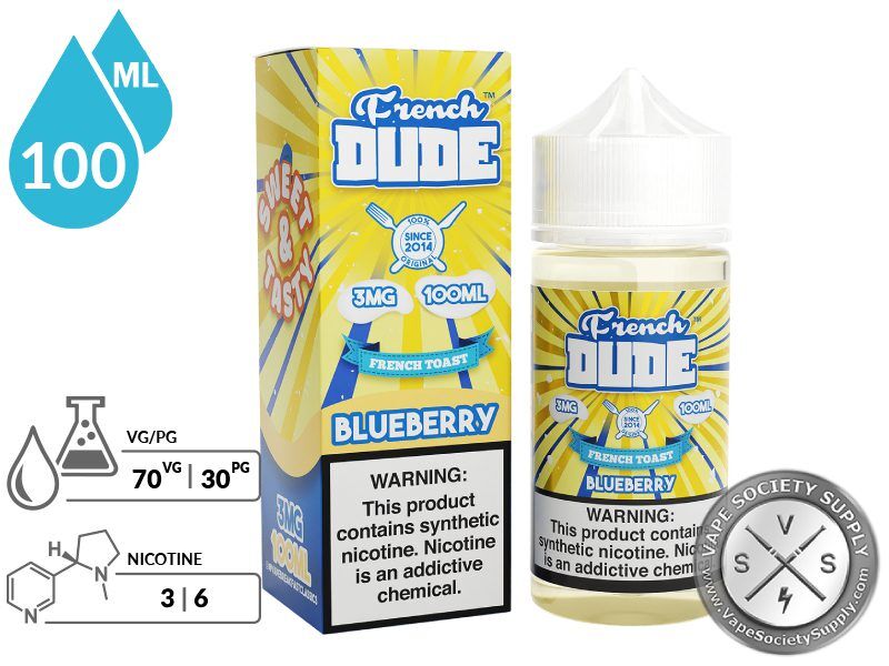 Blueberry by French Dude 100ml bottle and box with a 70/30 VG/PG icon and nicotine strength icons