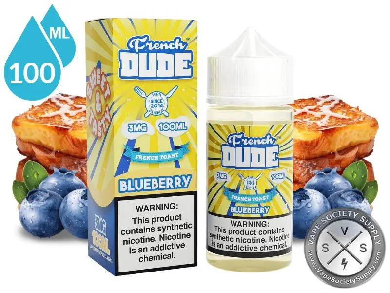 Blueberry by French Dude 100ml bottle and box with French toast and blueberries