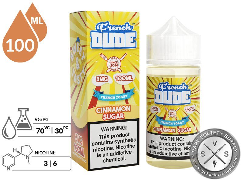 Cinnamon Sugar by French Dude 100ml bottle and box with a 70/30 VG/PG icon and nicotine strength icons