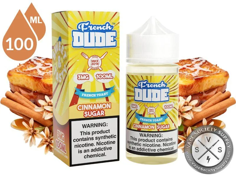 Cinnamon Sugar by French Dude 100ml bottle and box with French toast, cinnamon sticks and star anise