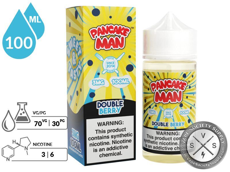 Double Berry by Pancake Man 100ml bottle and box with a 70/30 VG/PG icon and nicotine strength icons