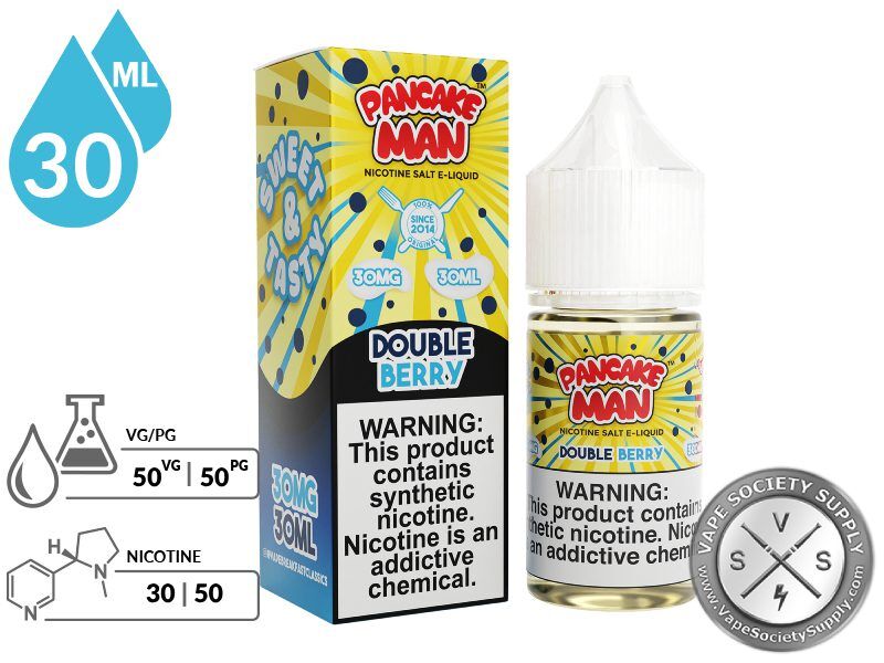 Double Berry by Pancake Man Salt 30ml bottle and box with a 50/50 VG/PG icon and nicotine strength icons