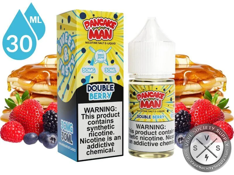 Double Berry by Pancake Man Salt 30ml bottle and box with a stack of pancakes and mixed berries