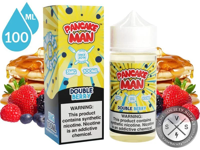 Double Berry by Pancake Man 100ml bottle and box with a stack of pancakes and mixed berries