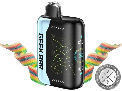 Geek Bar Pulse X Sour Fcuking Fab disposable vape with a light blue side panel, next to rainbow sour belt candy