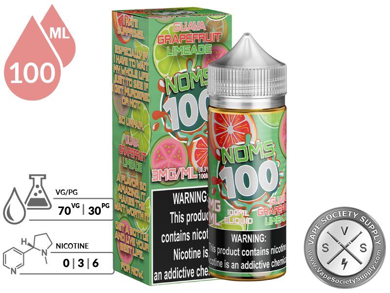 Guava Grapefruit Limeade by Noms 100ml bottle and box with a 70/30 VG/PG icon and nicotine strength icons