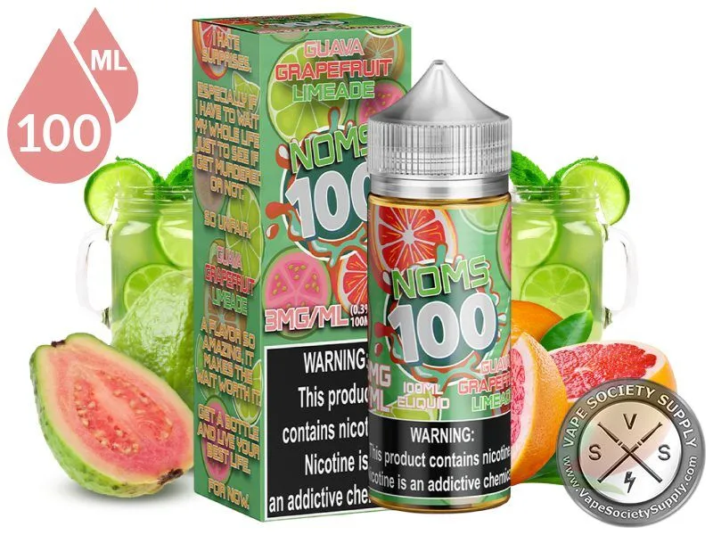 Guava Grapefruit Limeade by Noms 100ml bottle and box with glasses of limeade, a guava and grapefruit