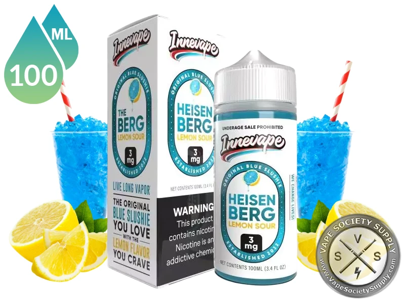Heisenberg Lemon Sour Innevape 100ml bottle and box with blue slushie cups and lemons