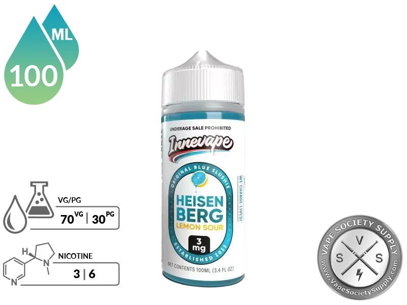 Heisenberg Lemon Sour Innevape 100ml bottle with a 70/30 VG/PG icon and nicotine strength icons