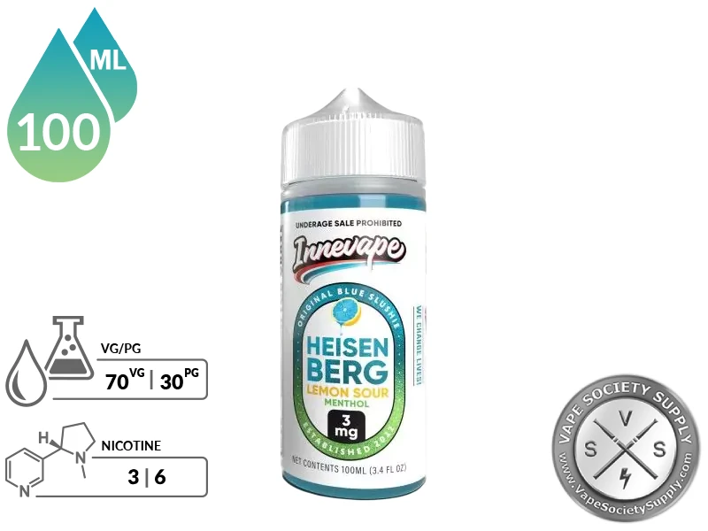Heisenberg Lemon Sour Menthol Innevape 100ml bottle with a 70/30 VG/PG icon and nicotine strength icons