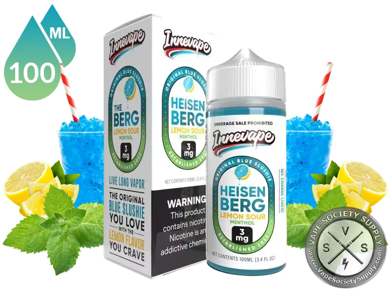 Heisenberg Lemon Sour Menthol Innevape 100ml bottle and box with blue slushie cups, lemons and mint leaves