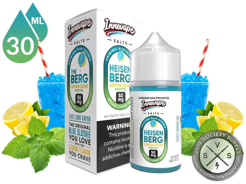 Heisenberg Lemon Sour Menthol Innevape Salts 30ml bottle and box with blue slushie cups, lemons and mint leaves