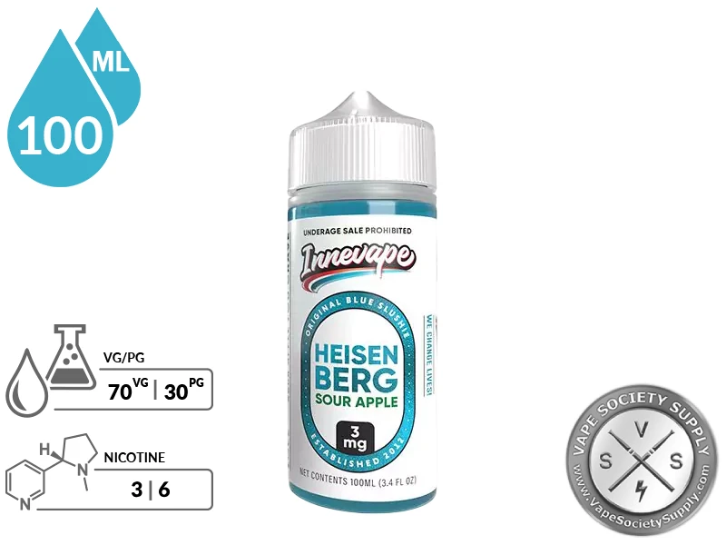 Heisenberg Sour Apple Innevape 100ml bottle with a 70/30 VG/PG icon and nicotine strength icons
