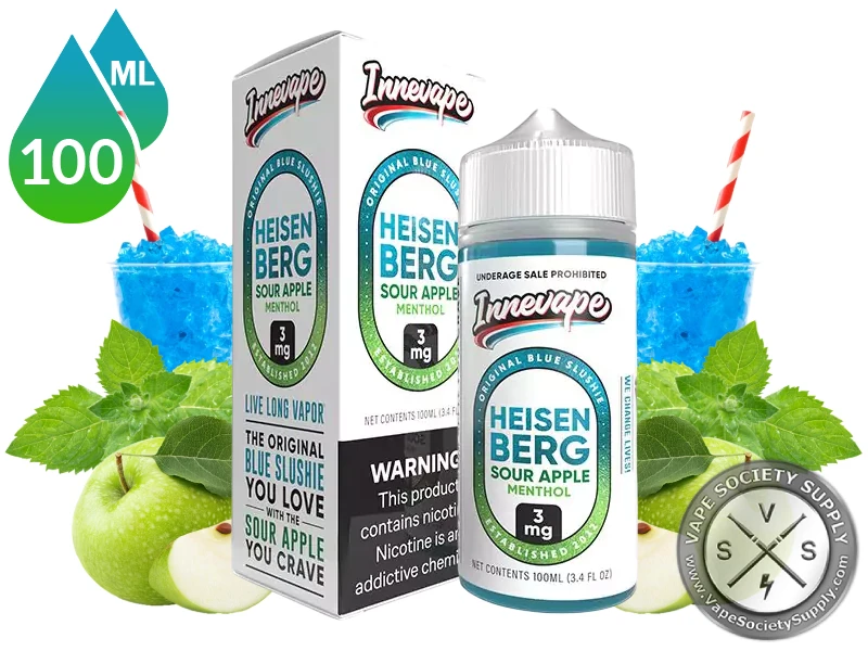 Heisenberg Sour Apple Menthol Innevape 100ml bottle and box with blue slushie cups, green apples and mint leaves