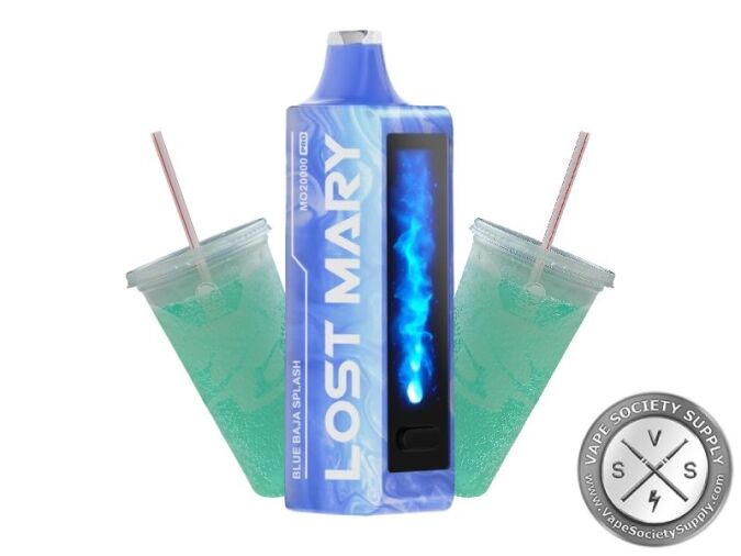 Lost Mary MO20000 Pro Blue Baja Splash disposable vape in blue, next to cups of blue-green slush with straws