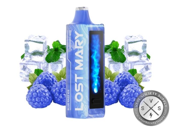 Lost Mary MO20000 Pro Blue Razz Ice disposable vape in blue, next to blue raspberries, ice cubes and mint leaves