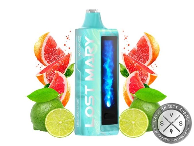 Lost Mary MO20000 Pro Lime Grapefruit disposable vape in teal, next to grapefruit and lime slices