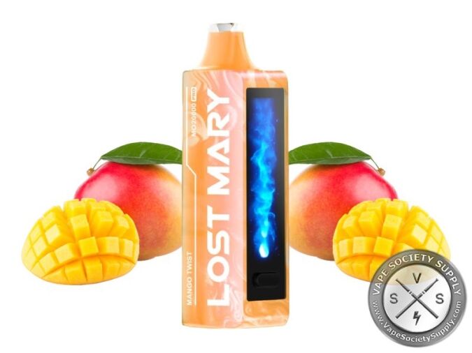 Lost Mary MO20000 Pro Mango Twist disposable vape in orange, next to mangoes